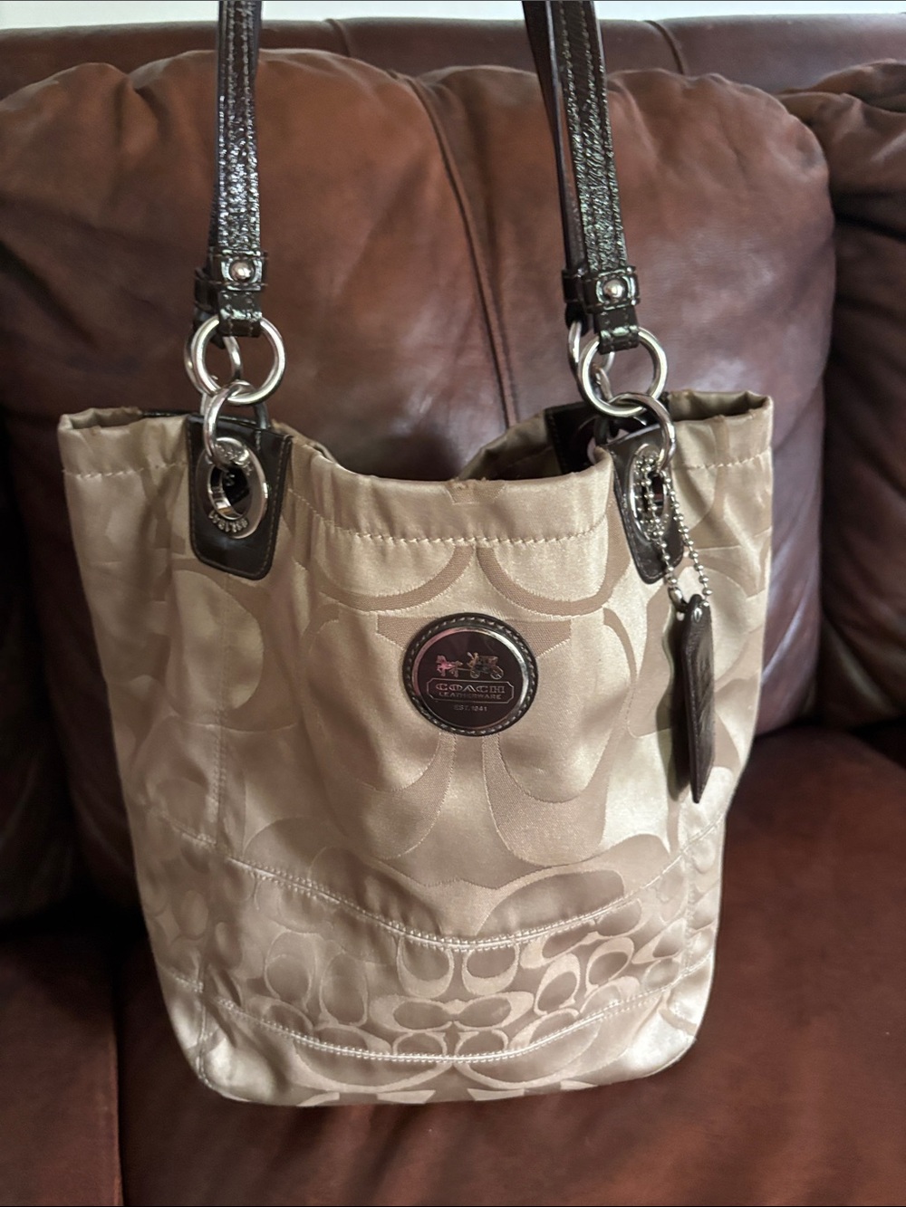 Coach Tan Signature Jacquard Tote with Brown Leather Trim